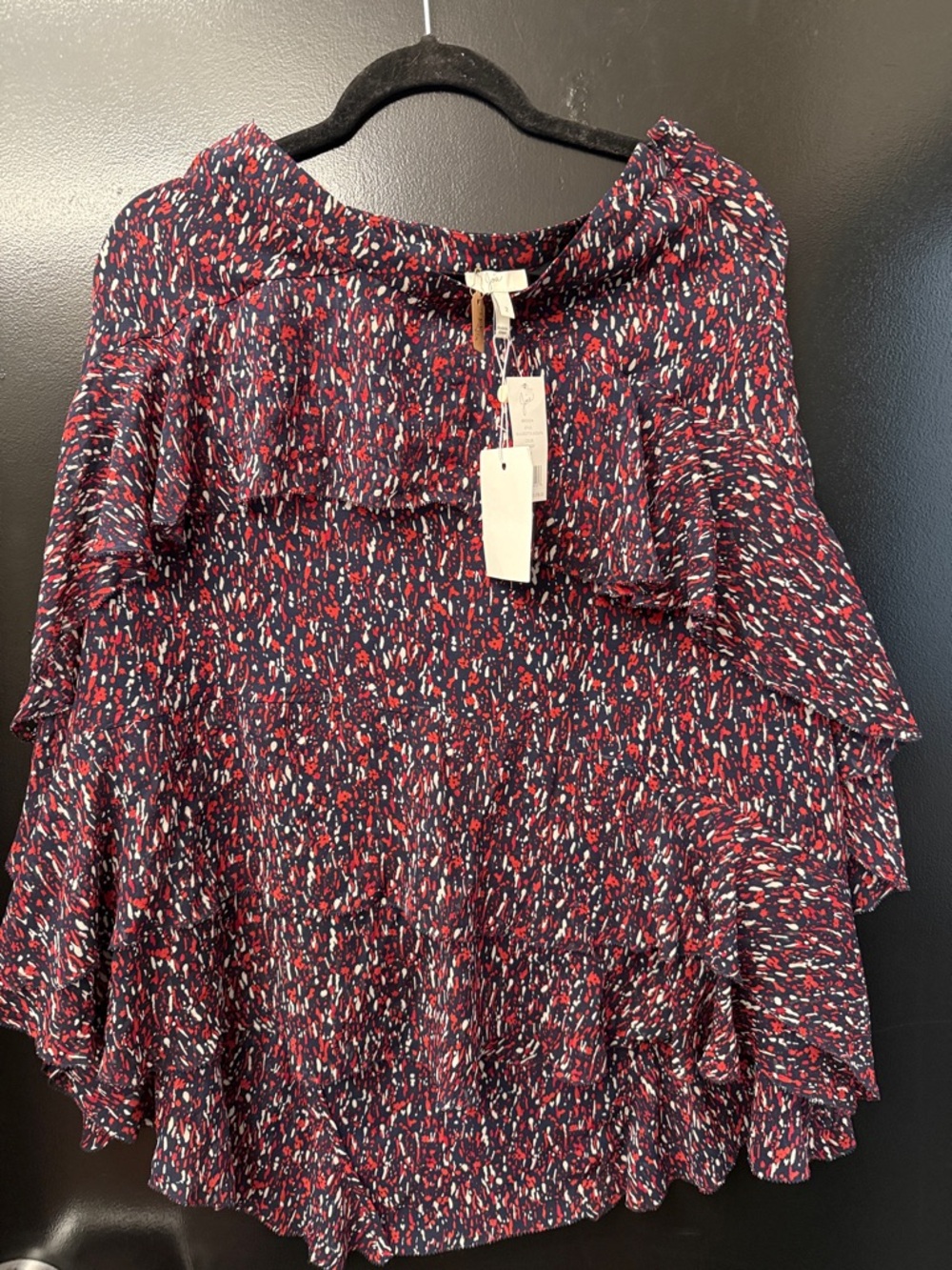 Joie Navy & Red Ruffle-Trim Printed Blouse